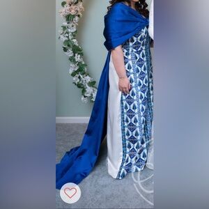 Modern blue and white embroidery Palestinian tatreez thoub thobe dress